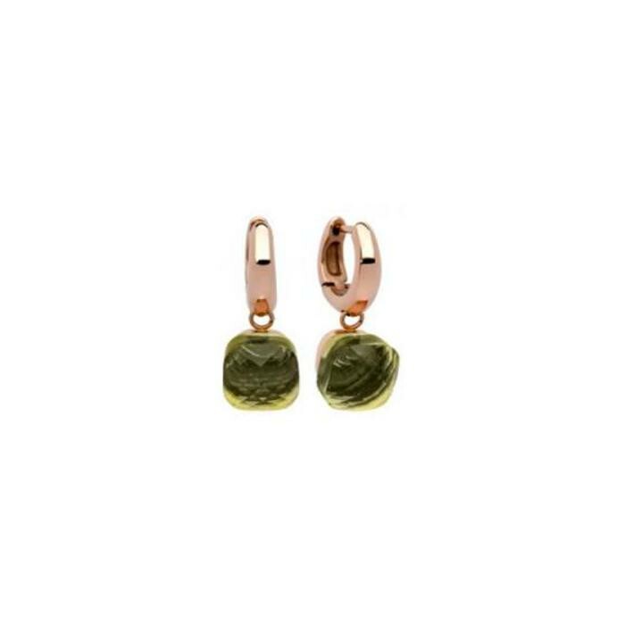 Boucles d'oreilles créoles QUDO Firenze en métal doré rose et pierre de couleur olivine