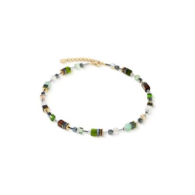 Collier Coeur de Lion GeoCUBE Precious Motion en acier doré, nephrite, aventurine vert et cristal de roche, quartz fumé, cristaux Swarovski, strass et hématite