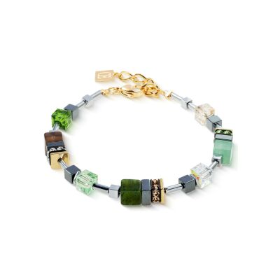 Bracelet Coeur de Lion GeoCUBE Precious Motion en acier doré, nephrite, aventurine vert et quartz fumé, cristaux Swarovski, strass et hématite
