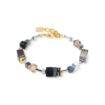 Bracelet Coeur de Lion GeoCUBE Precious Motion en acier doré, quartz fumé, agate et onyx, cristaux Swarovski, strass et hématite