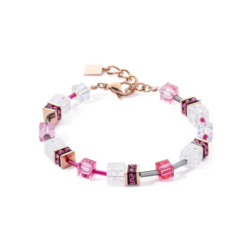 Bracelet Coeur de Lion en métal doré rose, acier, cristaux, strass et cristal de roche