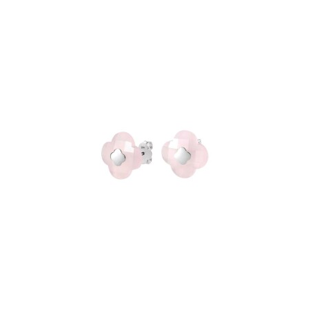 Boucles d'oreilles puces Morganne Bello Victoria trèfle en or blanc et quartz rose poudre