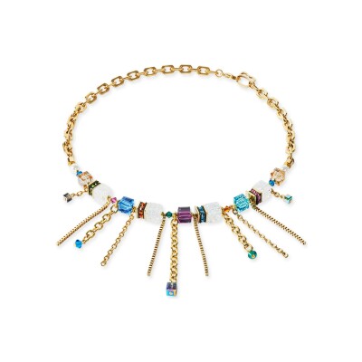 Collier Coeur de Lion Sunray Cube en acier doré, perles de cristal, cristal de roche et cristaux Swarovski et strass