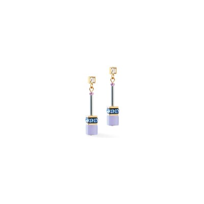Boucles d'oreilles Coeur de Lion GeoCUBE Iconic Chain Mystic Orchid en acier, acier doré, oeil de tigre et strass