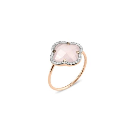 Bague Morganne Bello Victoria trèfle en or rose, quartz rose milky et diamants