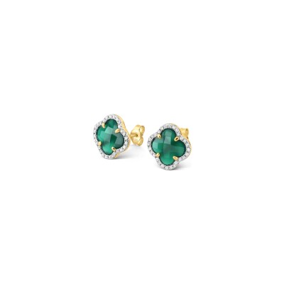 Boucles d'oreilles puces Morganne Bello Victoria en or jaune, agate verte et diamants