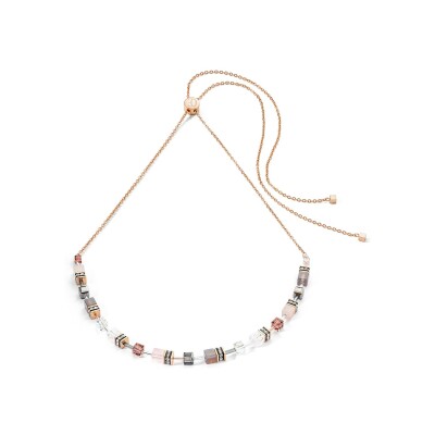 Collier Coeur de Lion GeoCUBE Iconic Nature en acier, métal doré rose, agate, quartz rose et cristal de roche, cristaux Swarovski et strass