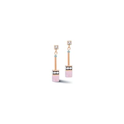 Boucles d'oreilles Coeur de Lion GeoCUBE Iconic Nature en acier, métal doré rose, quartz rose et strass
