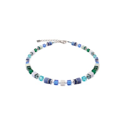 Collier Coeur de Lion GeoCUBE Precious Statement  en acier, amazonite, calcédoine et aventurine bleu, cristaux Swarovski et strass
