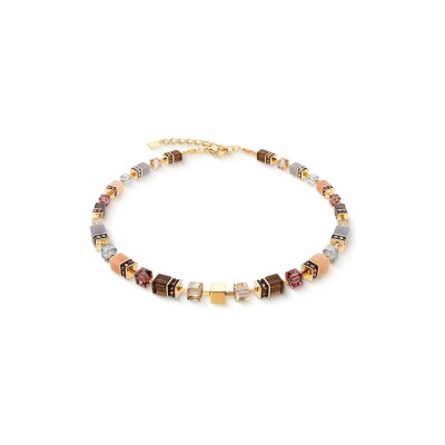 Collier Coeur de Lion GeoCUBE Precious en acier doré, oeil de tigre et cristaux Swarovski