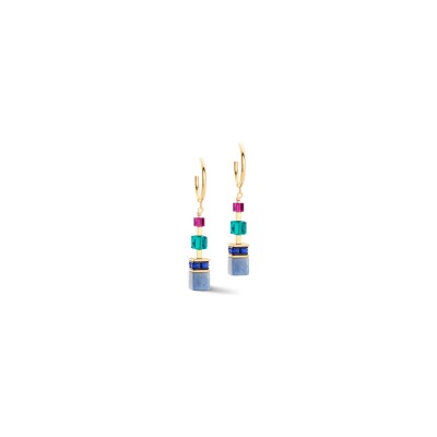 Boucles d'oreilles Coeur de Lion GeoCUBE Precious Statement  en acier, aventurine bleu, cristaux Swarovski et strass