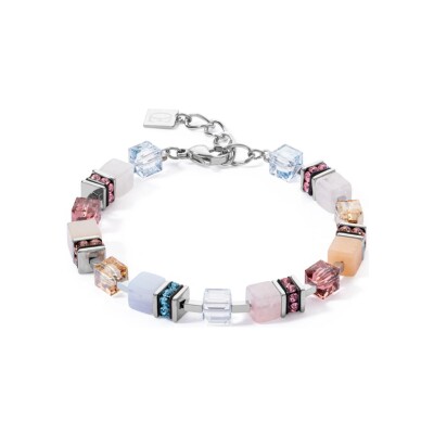 Bracelet Coeur de Lion en métal doré, cristaux, strass et quartz rose