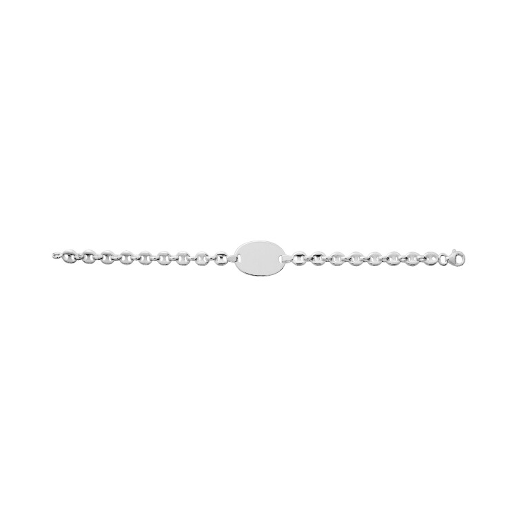 Bracelet chaîne plaque ovale maille grain de café en argent, 18cm
