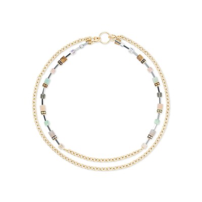 Collier Coeur de Lion GeoCUBE Iconic Boho en acier doré, aventurine rosé, amazonite et agate, jaspis de paysage, cristaux Swarovski et strass