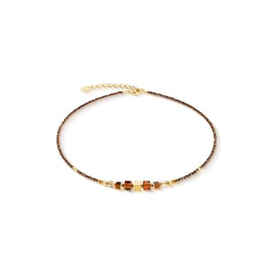 Collier Coeur de Lion Wave Cube Flow en acier doré, oeil de tigre, hématite et cristaux Swarovski et verre