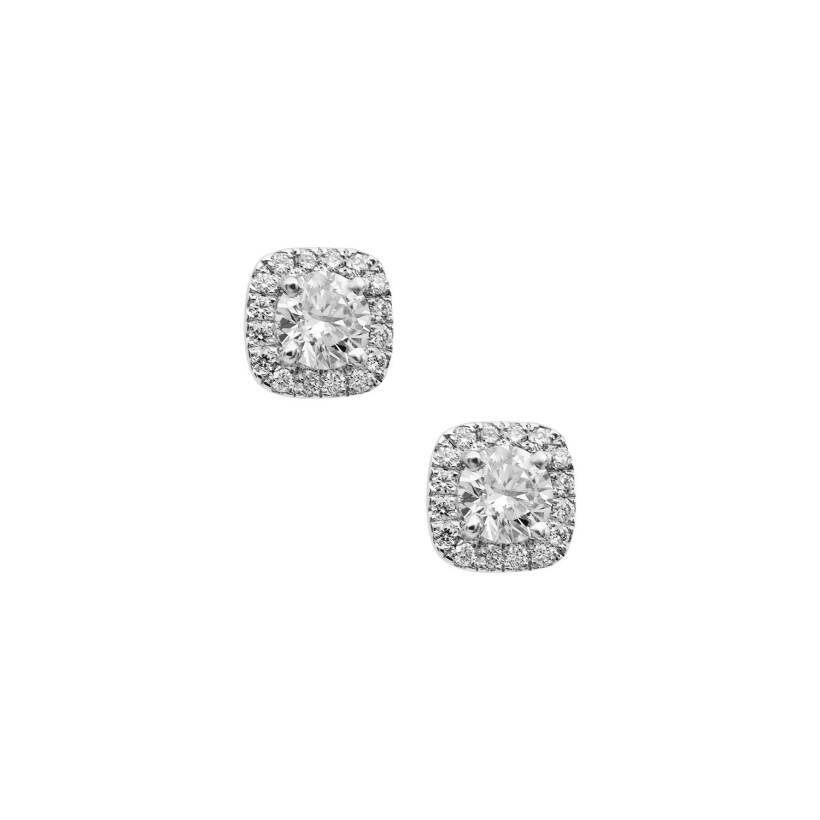 Puces Micropavées diamants certifiés entourage diamant forme coussin en or blanc