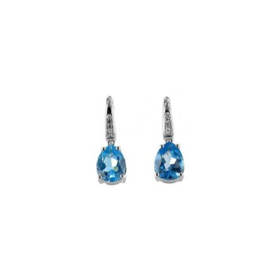 Boucles d'oreilles en or blanc, diamant et topaze bleue