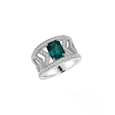 Bague Versailles Veron Roques en or blanc, emeraude et diamants
