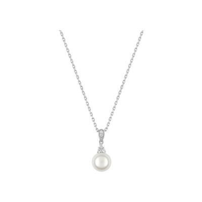 Collier en argent rhodié, perle d'imitation et oxyde de zirconium