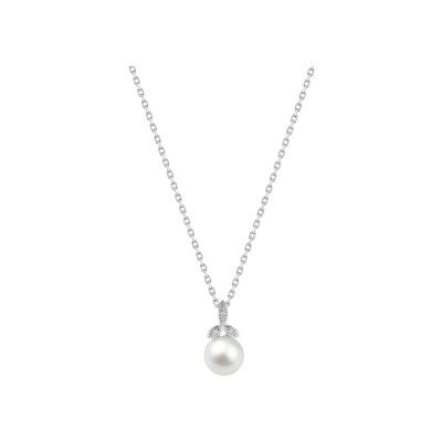 Collier en argent rhodié, perle d'imitation et oxyde de zirconium