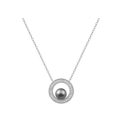 Collier en argent rhodié, perle d'imitation et oxyde de zirconium