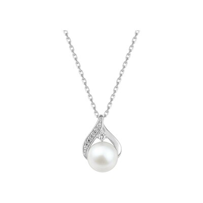 Collier en argent rhodié, perle d'imitation et oxyde de zirconium