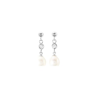 Boucles d'oreilles pendantes en argent rhodié, perle d'imitation et oxyde de zirconium