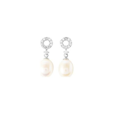 Boucles d'oreilles pendantes en argent rhodié, perle d'imitation et oxyde de zirconium