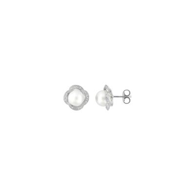 Boucles d'oreilles clous en argent rhodié, oxyde de zirconium et perle d'imitation