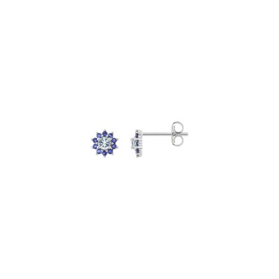 Boucles d'oreilles clous en argent rhodié et oxyde de zirconium bleue ciel et bleue