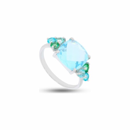 Bague 4 Couleurs en or blanc, topaze bleue, topaze verte, topaze turquoise et topaze paraiba