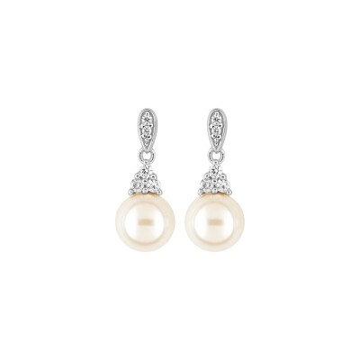 Boucles d'oreilles pendantes en argent rhodié, oxydes de zirconium et perles d'imitation