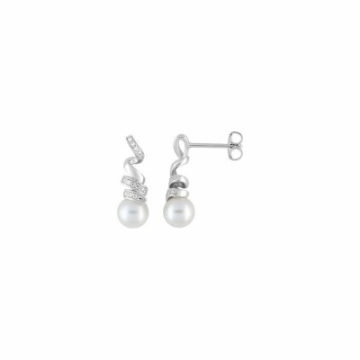 Boucles d'oreilles pendantes en argent rhodié, perles d'imitation et oxydes de zirconium