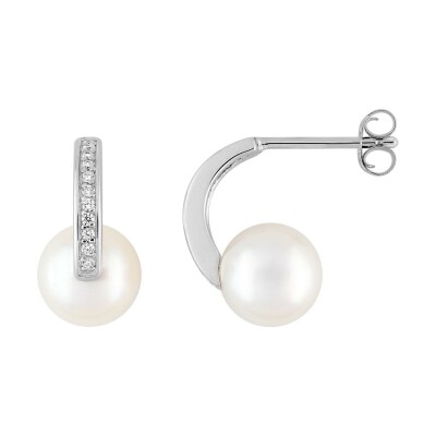 Boucles d'oreilles créoles en argent rhodié, oxydes de zirconium et perles d'imitation