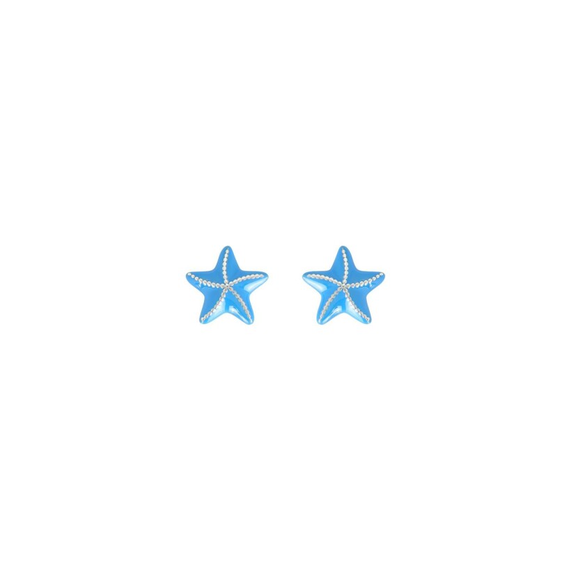 Puces d'oreilles étoiles de mer bleues en argent rhodié et laque