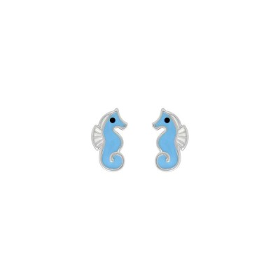 Puces d'oreilles hippocampes bleus en argent rhodié et laque