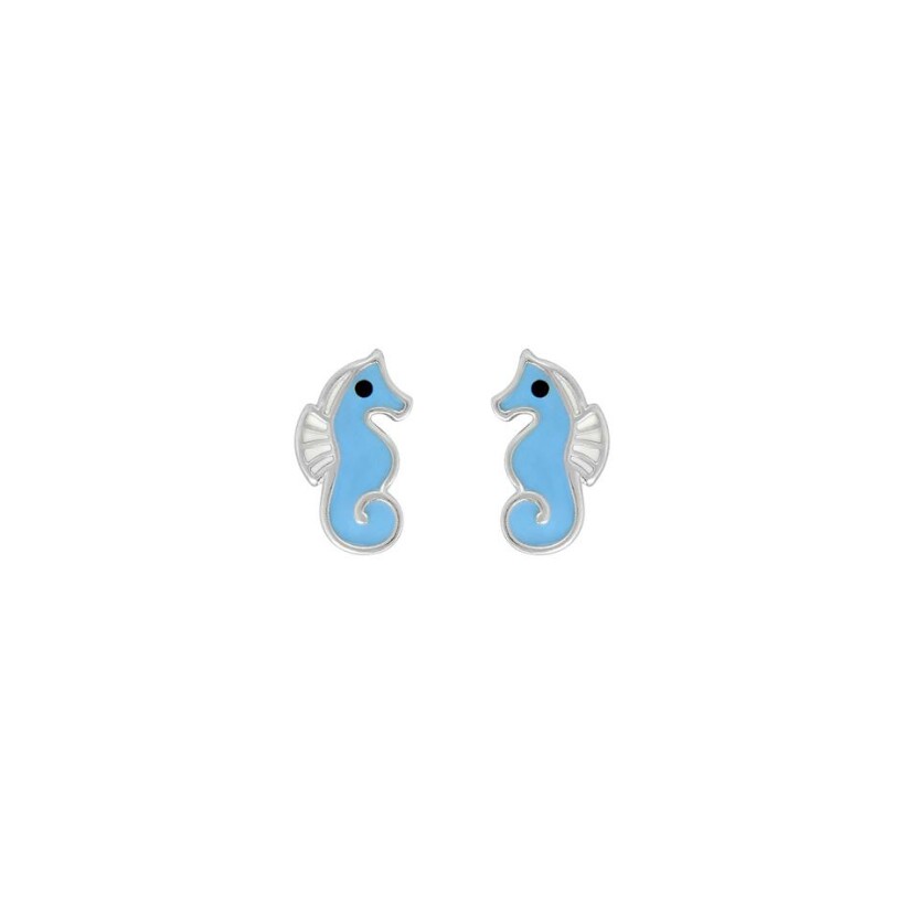 Puces d'oreilles hippocampes bleus en argent rhodié et laque