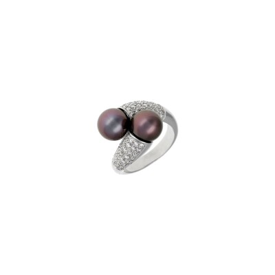 Veron Roques Toi&Moi ring, white gold, Tahiti pearl and diamonds, size 54