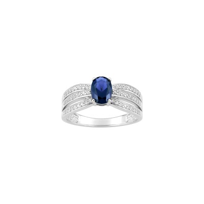 Bague en argent rhodié et oxydes de zirconium bleu et blancs