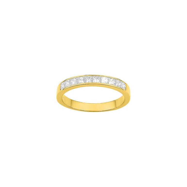 Alliance demi-tour en or jaune et diamants taille princesse