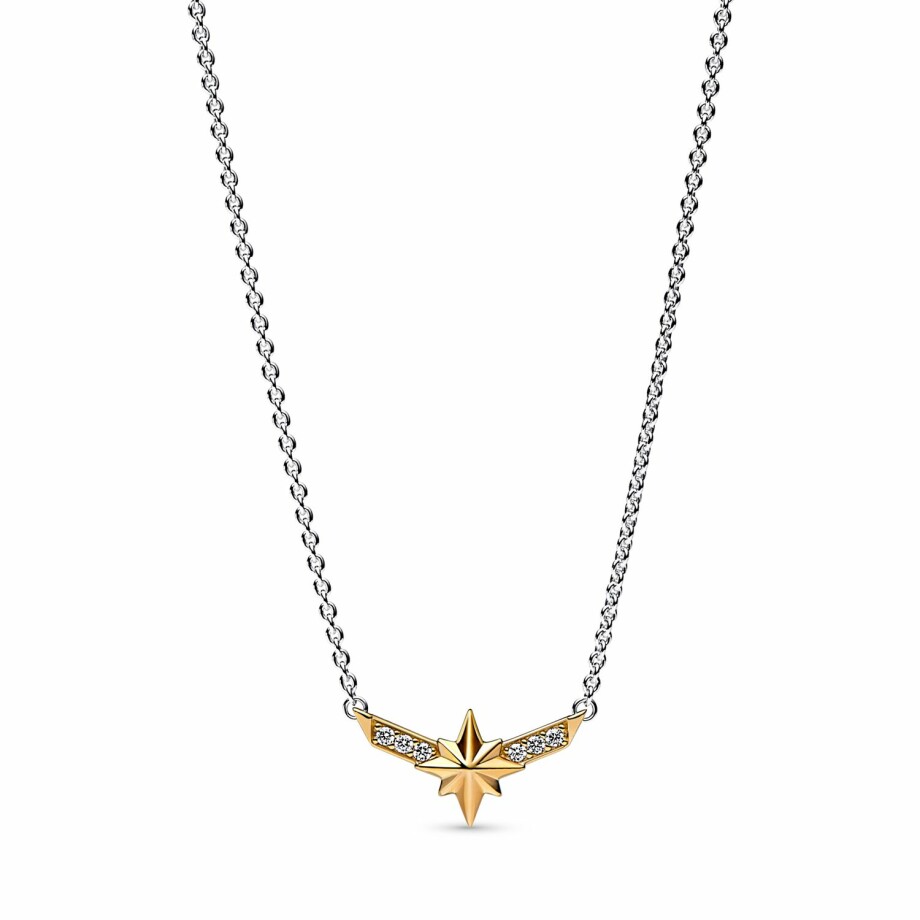 Collier Marvel X Pandora Avec Pendentif Bimatière Étoile à Huit Branches De Captain Marvel en argent, métal doré et oxyde de zirconium, 50cm