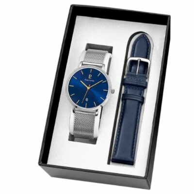 Coffret montre Pierre Lannier Echo et bracelet de montre  en cuir bleu 370H168
