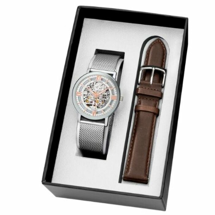 Coffret montre Pierre Lannier Automatic et bracelet de montre en cuir brun 376D128