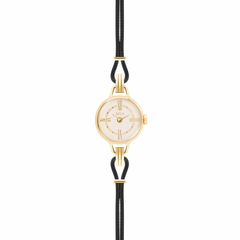 Bracelet de montre SILA en plaqué or jaune et coton, couleur noir profond