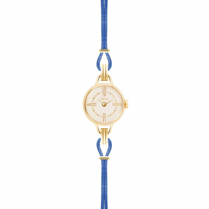 Bracelet de montre SILA en plaqué or jaune et coton, couleur bleu denim