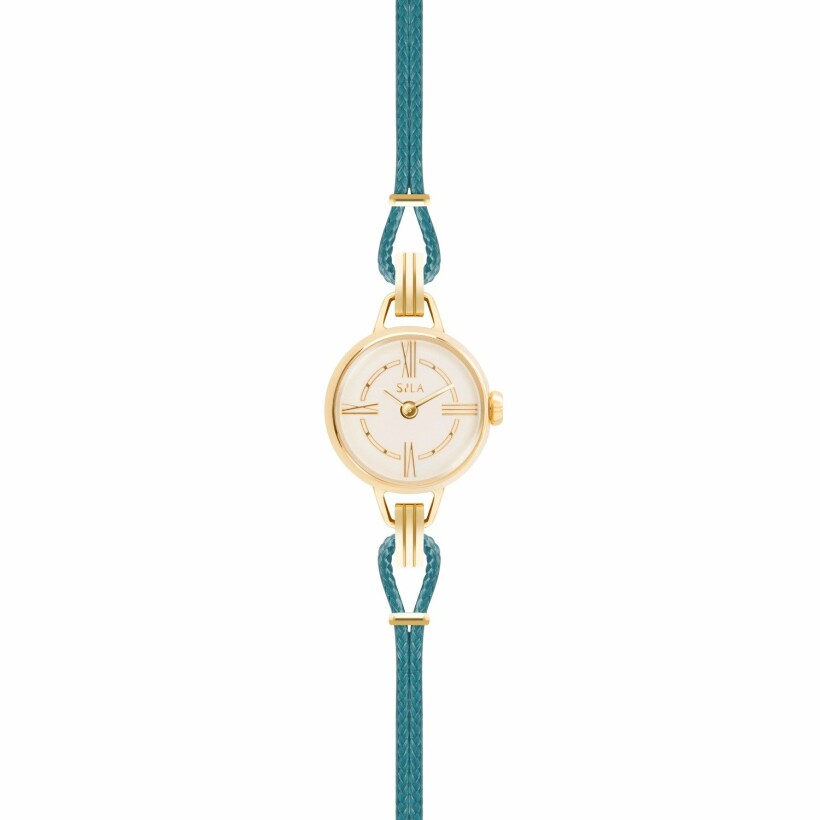 Bracelet de montre SILA en plaqué or jaune et coton, couleur bleu canard 