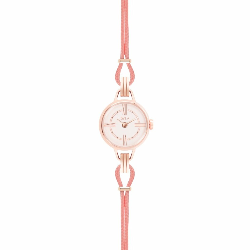 Bracelet de montre SILA en plaqué or rose et coton, couleur rose poudré