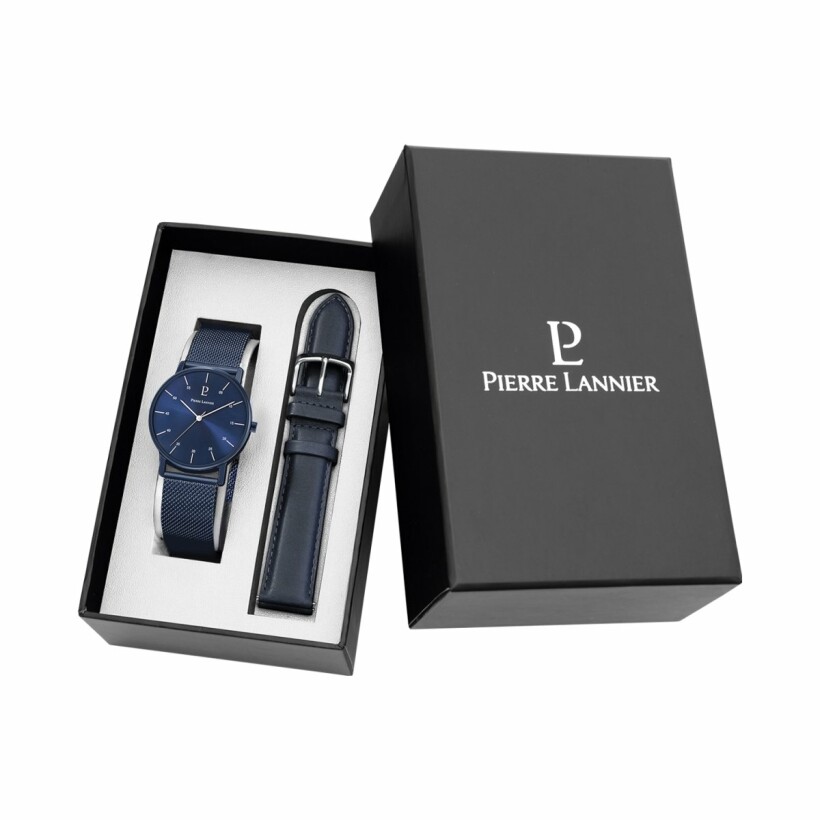 Coffret de Montre Pierre Lannier Cityline 378B466 avec un bracelet en cuir bleu interchangeable