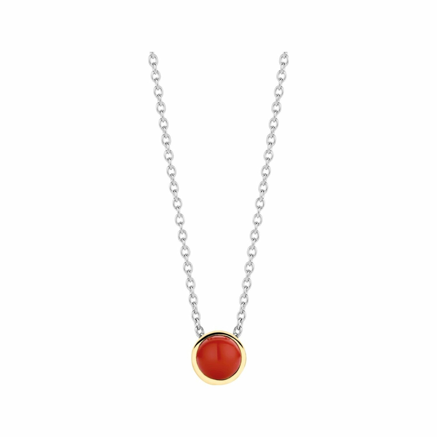 Collier Ti Sento en argent et pierre synthétique rouge corail, serti clos doré, 42cm