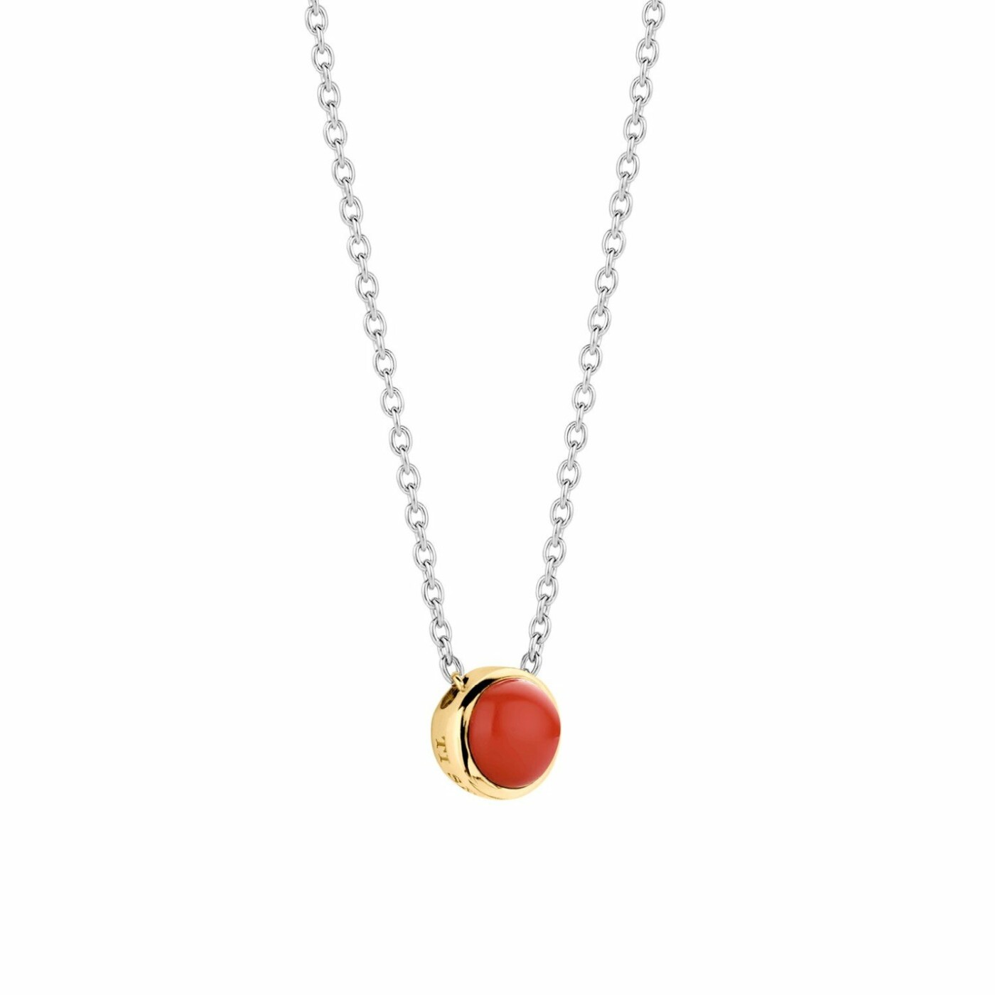 Collier Ti Sento en argent et pierre synthétique rouge corail, serti clos doré, 42cm